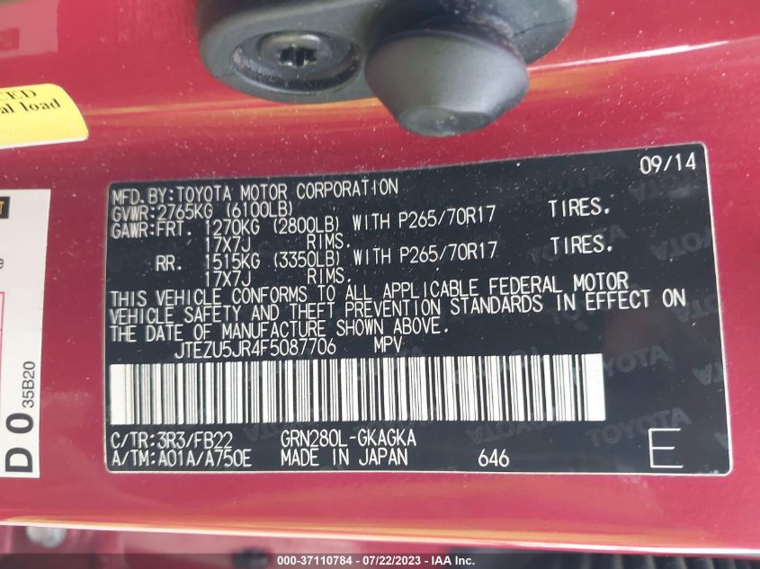 2015 TOYOTA 4RUNNER SR5 - JTEZU5JR4F5087706