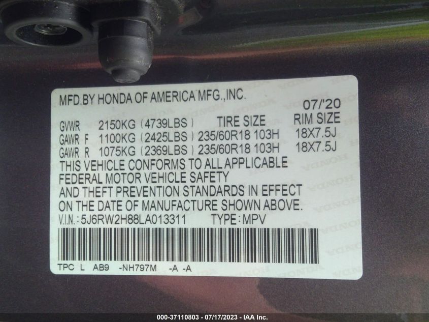 2020 HONDA CR-V EX-L - 5J6RW2H88LA013311