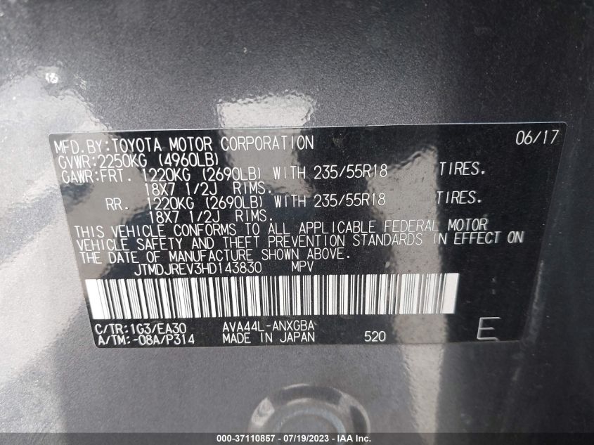 2017 TOYOTA RAV4 HYBRID LIMITED JTMDJREV3HD143830