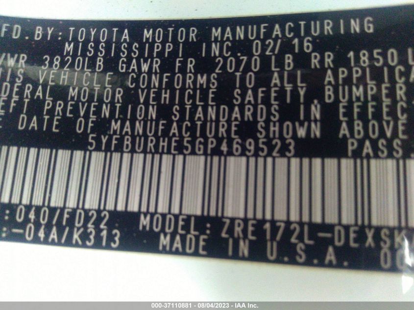 2016 TOYOTA COROLLA L/LE/S/S PLUS/LE PLUS - 5YFBURHE5GP469523