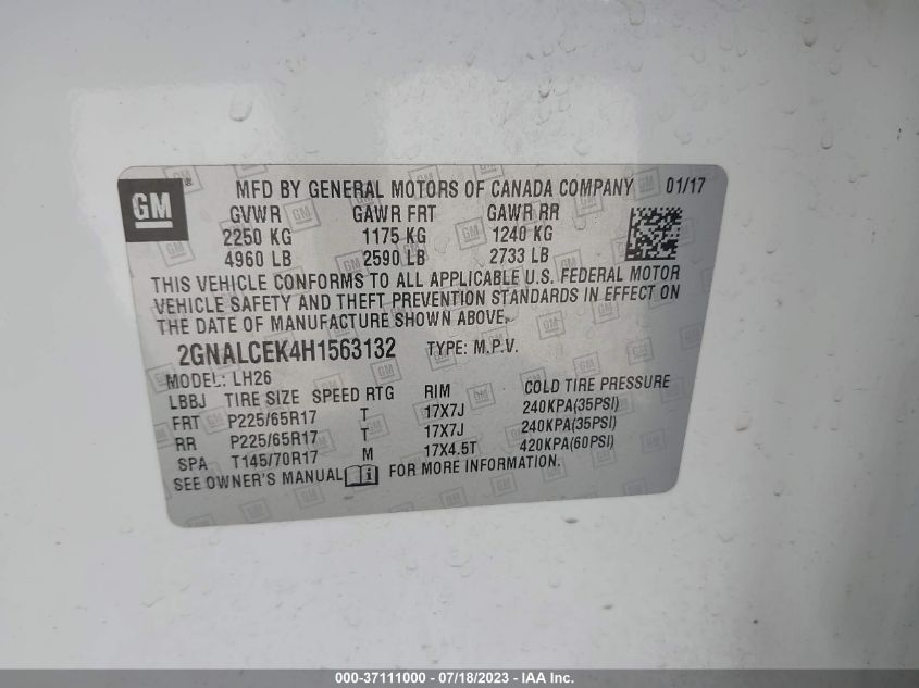 2017 CHEVROLET EQUINOX LT - 2GNALCEK4H1563132