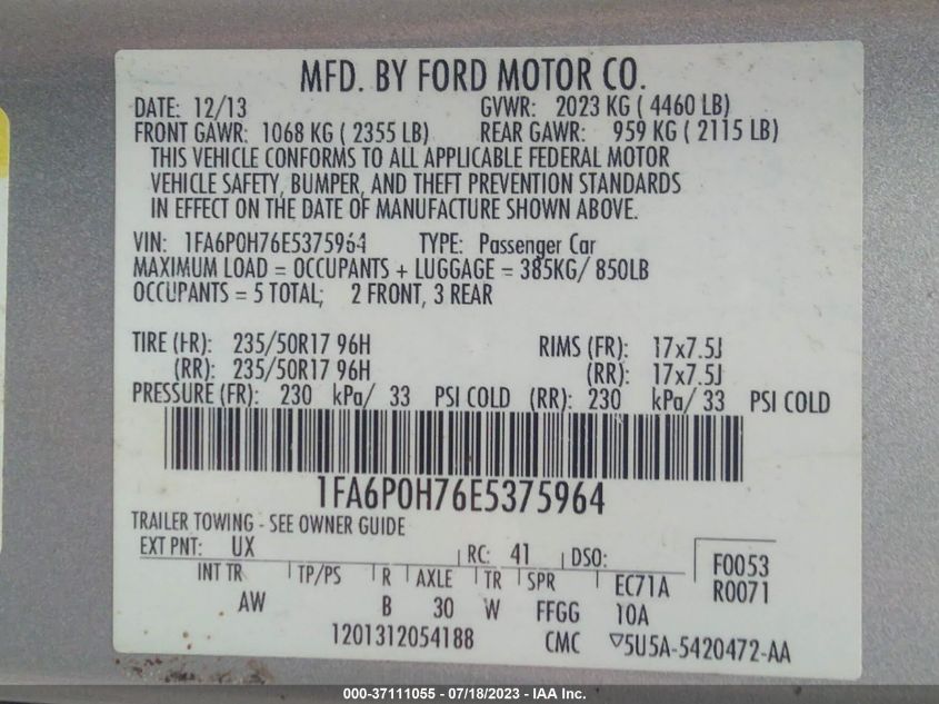 2014 FORD FUSION SE - 1FA6P0H76E5375964