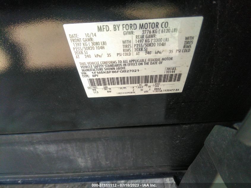 2015 FORD EXPLORER LIMITED - 1FM5K8F86FGB27021