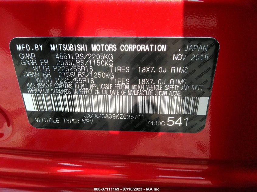 2019 MITSUBISHI OUTLANDER ES/SE/SEL/LE - JA4AZ3A39KZ026741