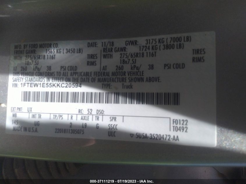 2019 FORD F-150 XL/XLT/LARIAT - 1FTEW1E55KKC20594