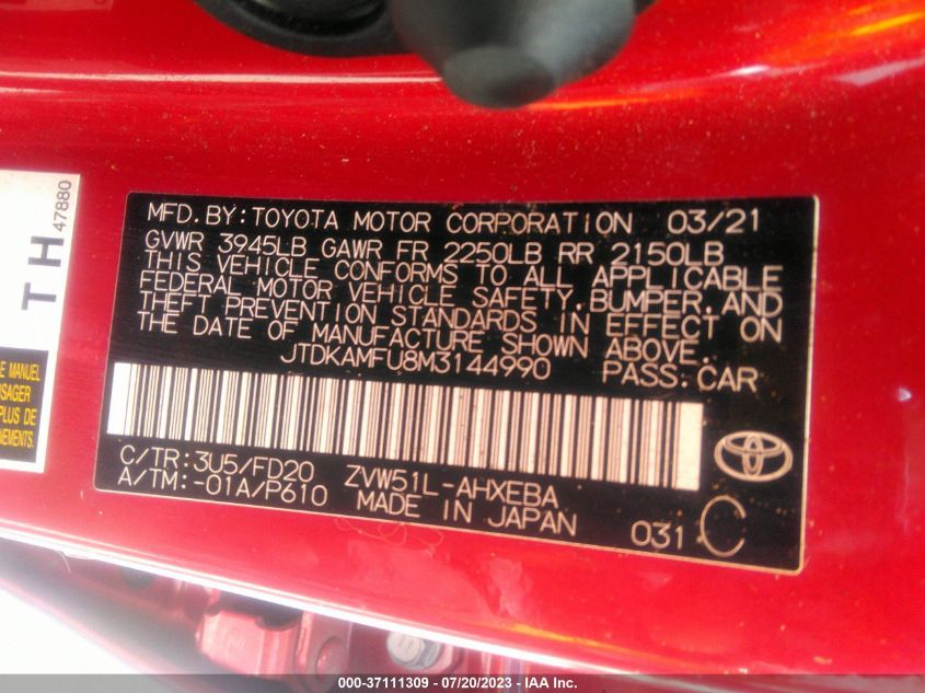 2021 TOYOTA PRIUS L - JTDKAMFU8M3144990