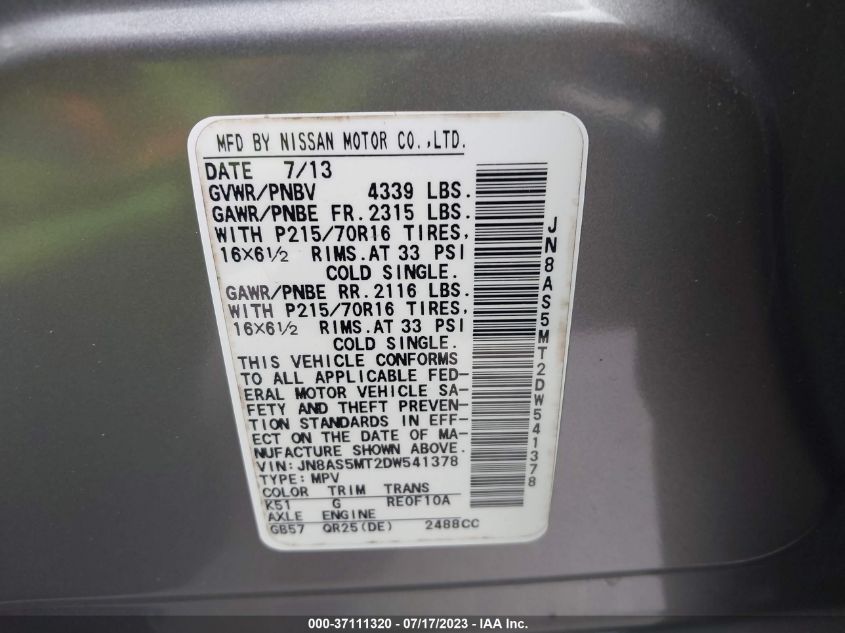 2013 NISSAN ROGUE S - JN8AS5MT2DW541378