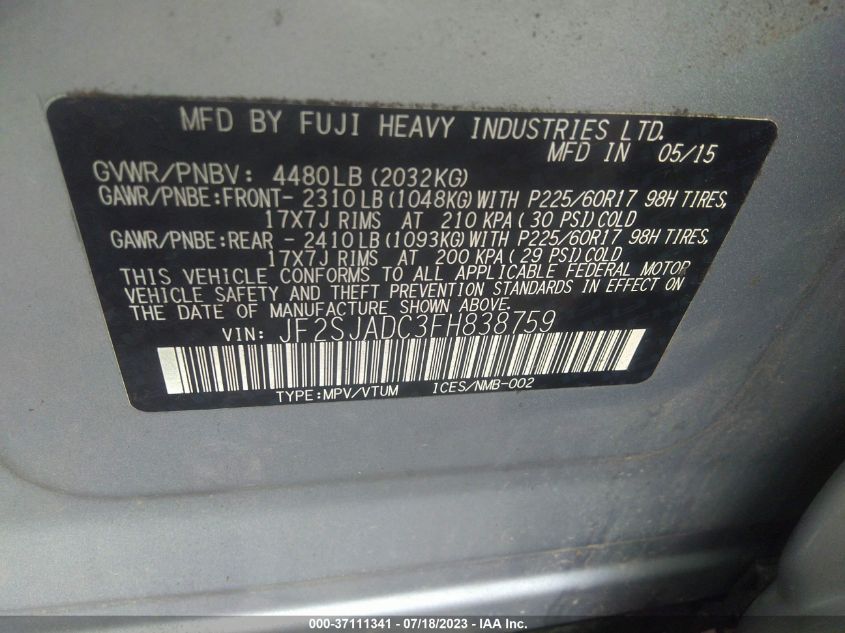 2015 SUBARU FORESTER 2.5I PREMIUM - JF2SJADC3FH838759