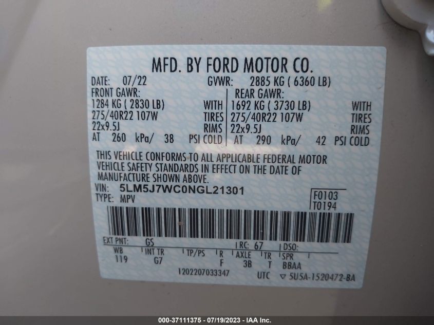 2022 LINCOLN AVIATOR RESERVE - 5LM5J7WC0NGL21301