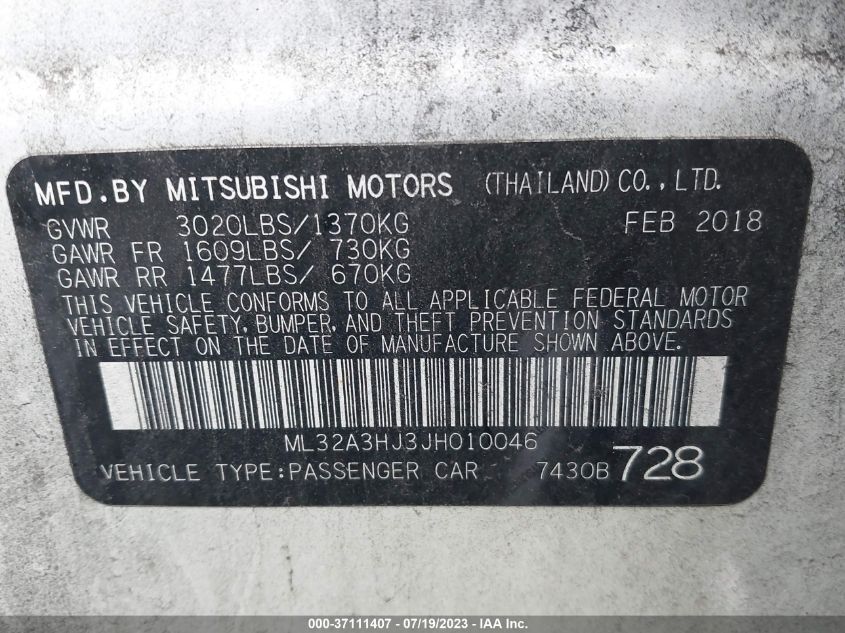 2018 MITSUBISHI MIRAGE ES - ML32A3HJ3JH010046
