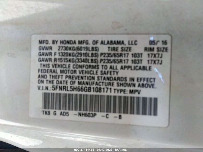 2016 HONDA ODYSSEY EX-L - 5FNRL5H66GB108171