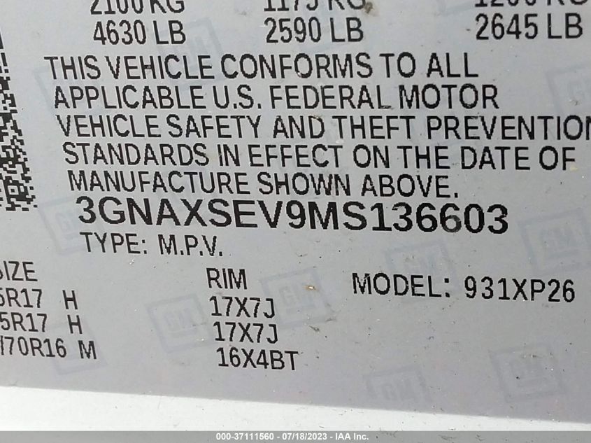 2021 CHEVROLET EQUINOX LS - 3GNAXSEV9MS136603