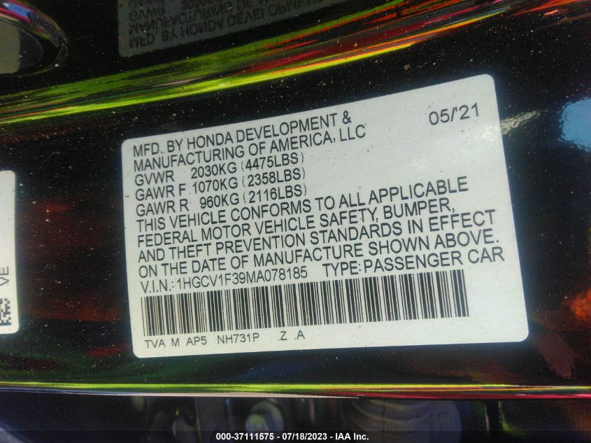 2021 HONDA ACCORD SEDAN SPORT - 1HGCV1F39MA078185