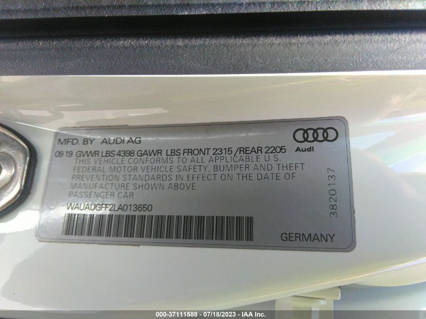 2020 AUDI A3 SEDAN PREMIUM - WAUAUGFF2LA013650