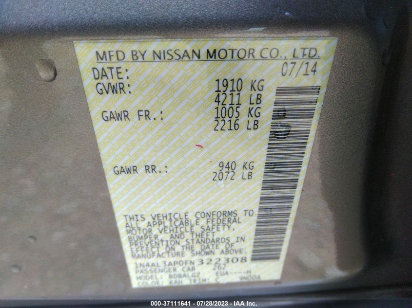 2015 NISSAN ALTIMA 2.5 S - 1N4AL3AP0FN322308