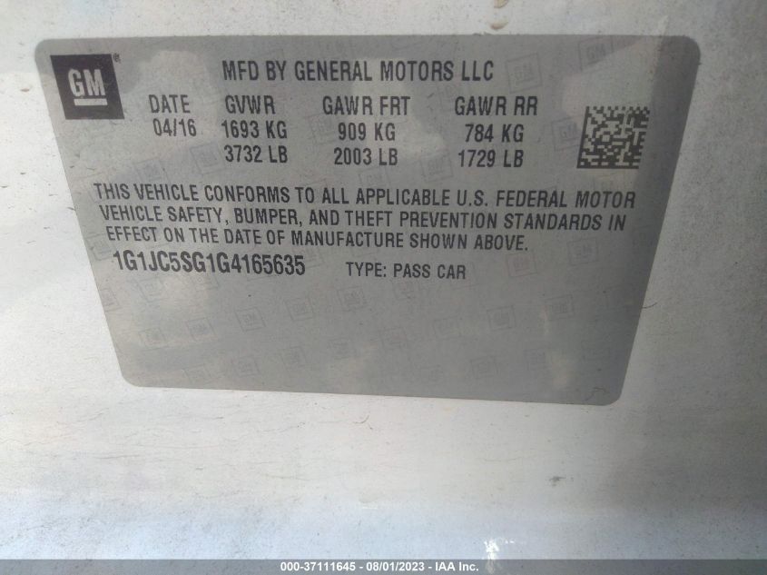 2016 CHEVROLET SONIC LT - 1G1JC5SG1G4165635