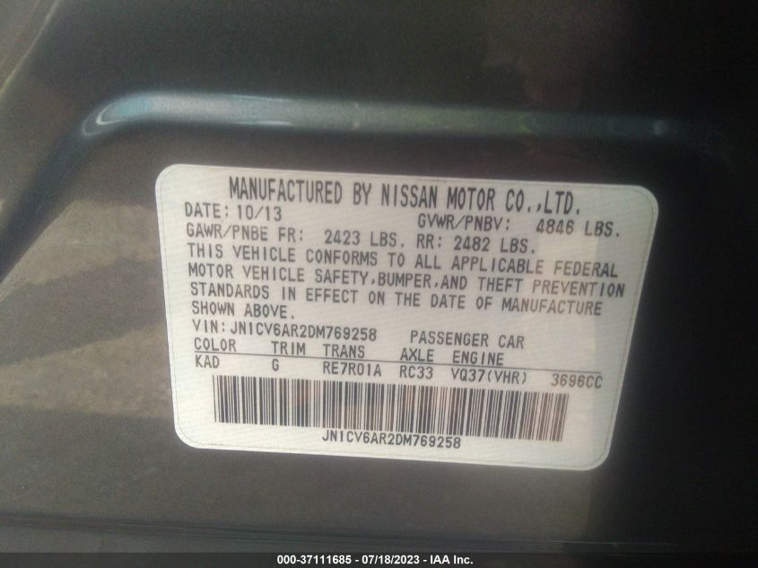 2013 INFINITI G37 SEDAN X JN1CV6AR2DM769258