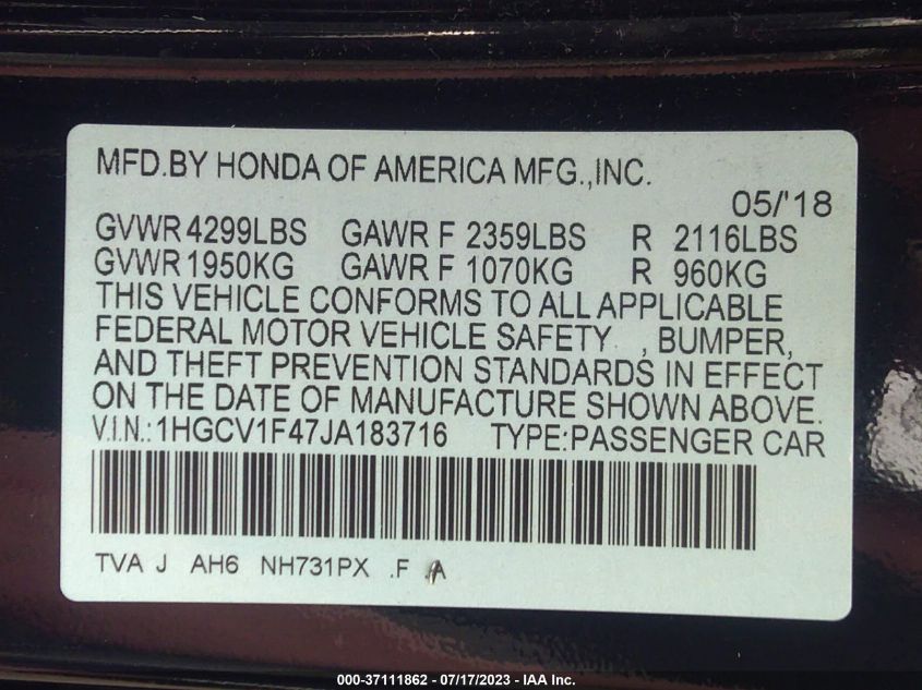 2018 HONDA ACCORD SEDAN EX 1.5T - 1HGCV1F47JA183716