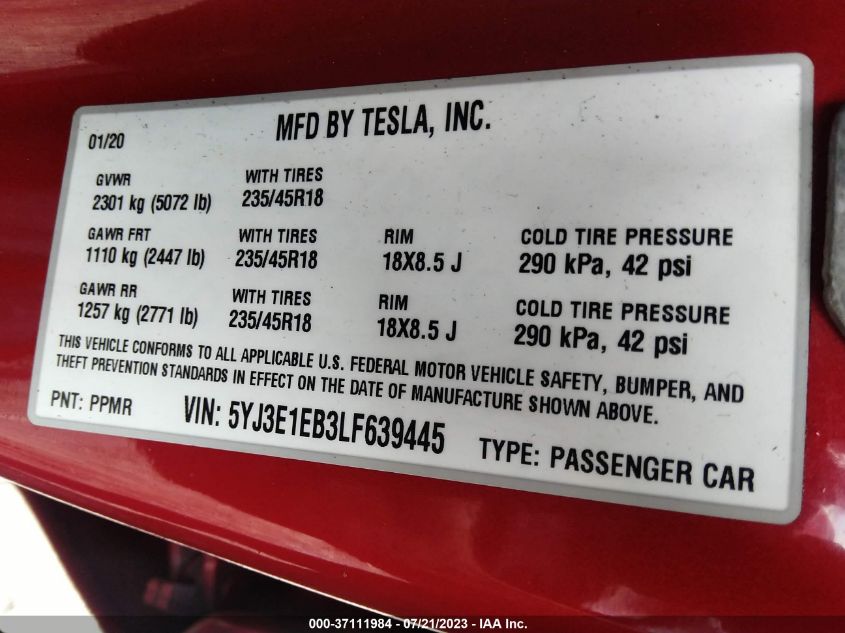 2020 TESLA MODEL 3 - 5YJ3E1EB3LF639445