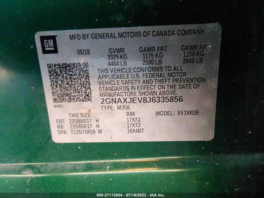 2018 CHEVROLET EQUINOX LT - 2GNAXJEV8J6335856
