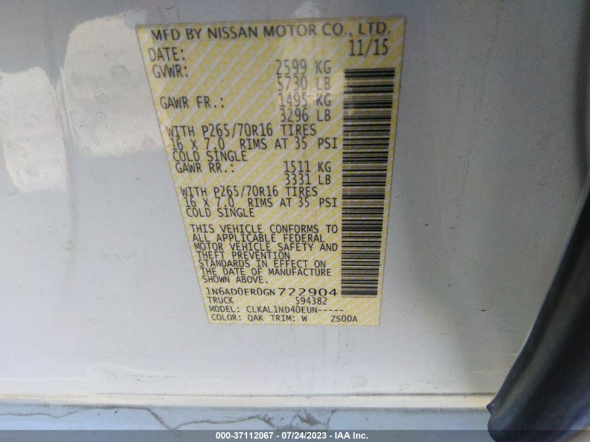 2016 NISSAN FRONTIER S - 1N6AD0ER0GN722904