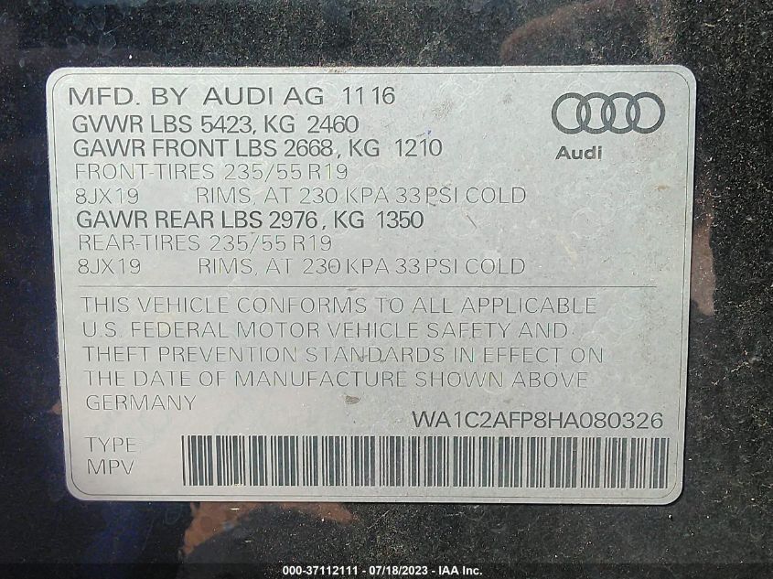 WA1C2AFP8HA080326 2017 AUDI Q5, photo no. 9