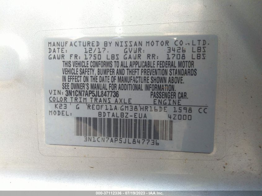 2018 NISSAN VERSA SEDAN SV - 3N1CN7AP5JL847736