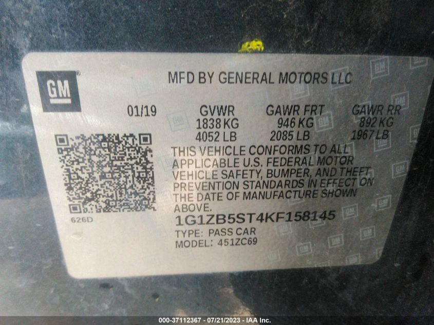 2019 CHEVROLET MALIBU LS - 1G1ZB5ST4KF158145