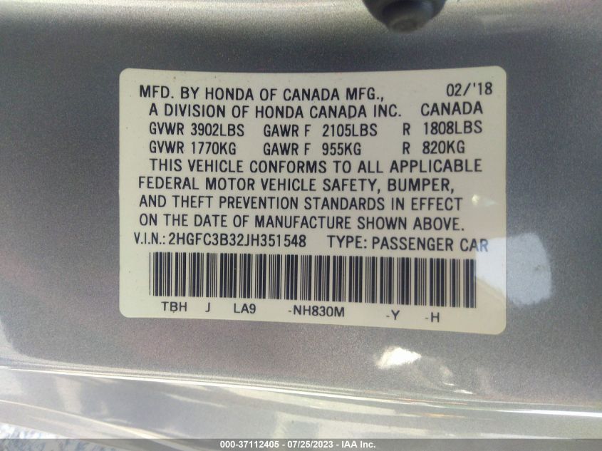 2018 HONDA CIVIC COUPE EX-T - 2HGFC3B32JH351548