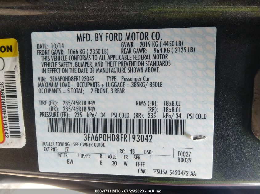 2015 FORD FUSION SE - 3FA6P0HD8FR193042