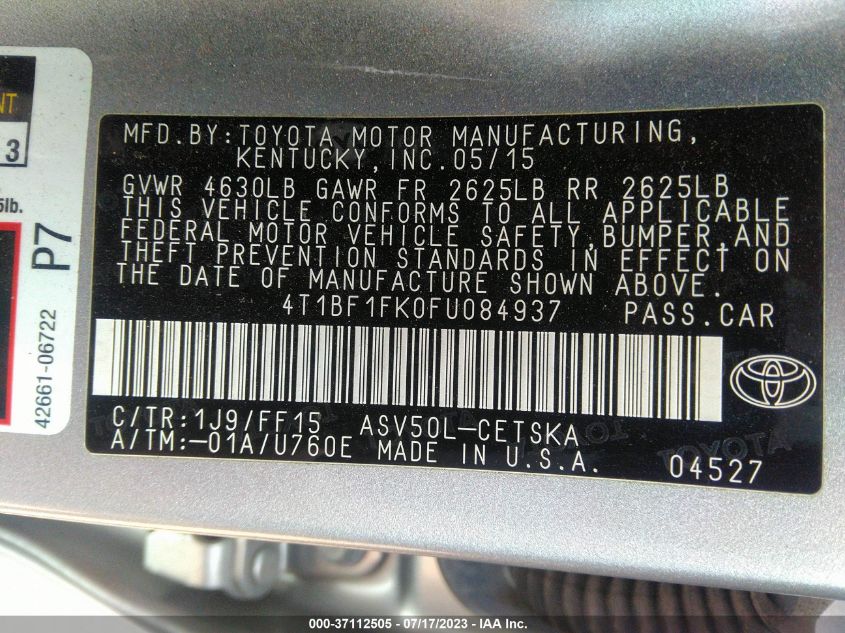 2015 TOYOTA CAMRY XLE/SE/LE/XSE - 4T1BF1FK0FU084937