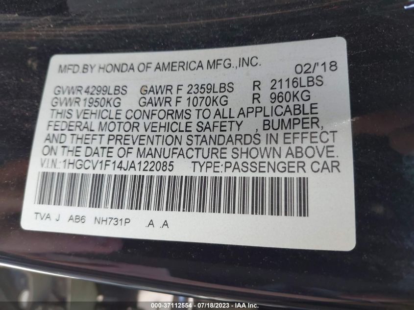 2018 HONDA ACCORD SEDAN LX 1.5T - 1HGCV1F14JA122085