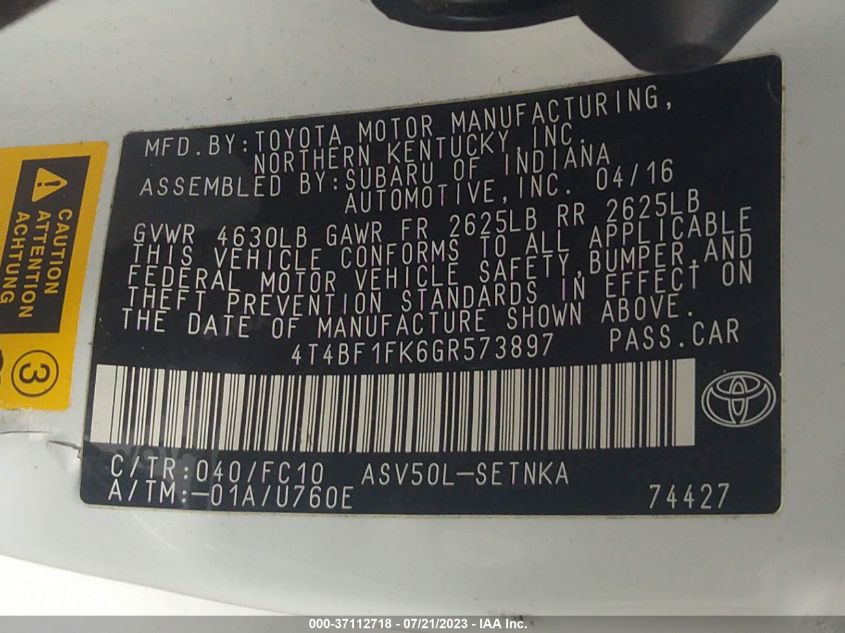 2016 TOYOTA CAMRY LE/XLE/SE/XSE - 4T4BF1FK6GR573897