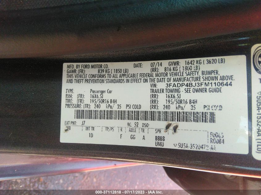 2015 FORD FIESTA SE - 3FADP4BJ3FM110644