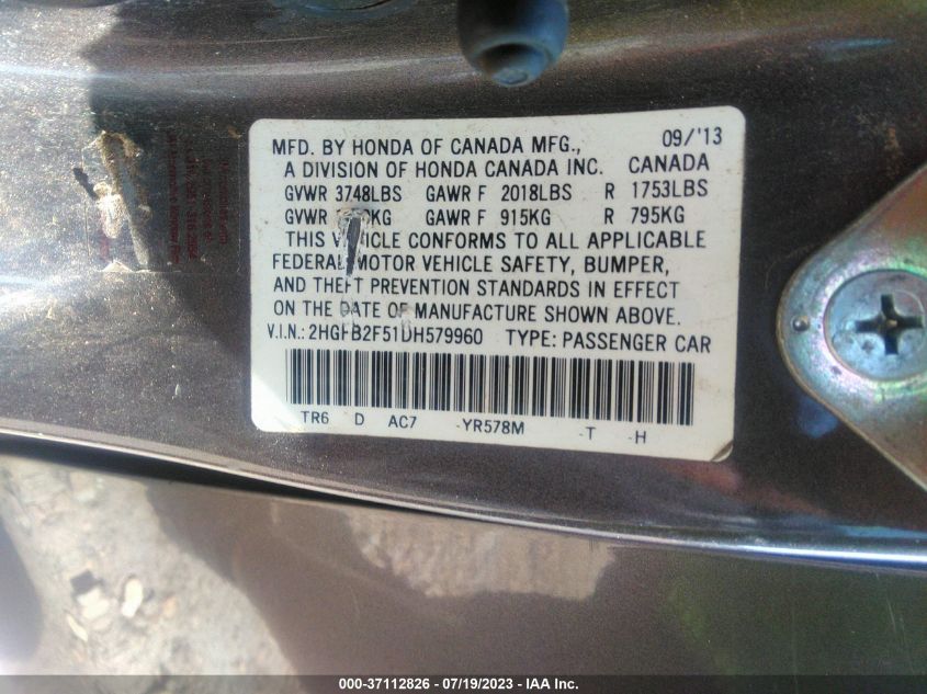 2013 HONDA CIVIC SDN LX - 2HGFB2F51DH579960