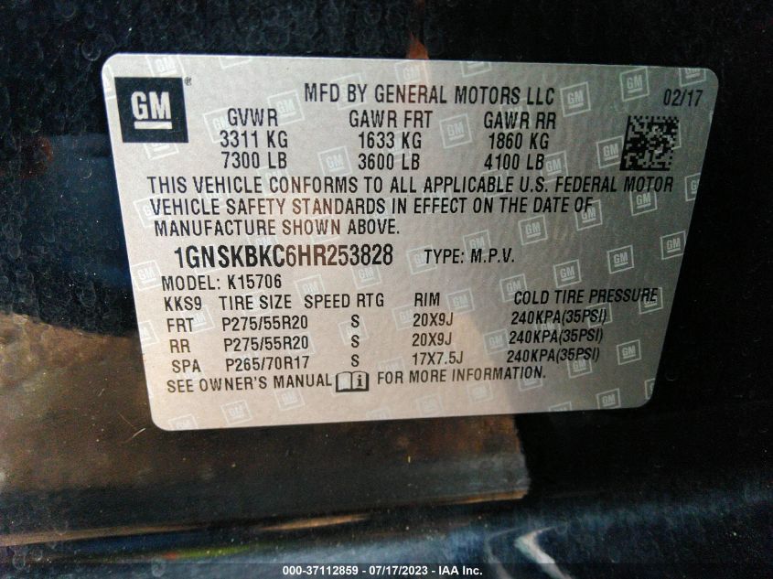 2017 CHEVROLET TAHOE LT - 1GNSKBKC6HR253828