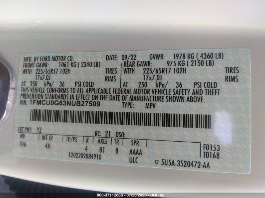 2022 FORD ESCAPE SE - 1FMCU0G63NUB27509