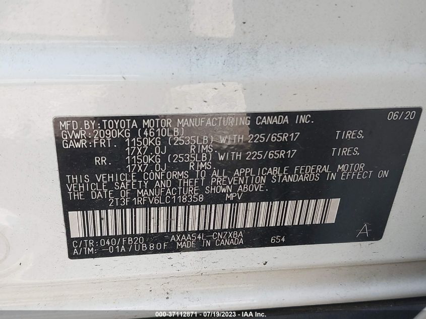 2020 TOYOTA RAV4 LE - 2T3F1RFV6LC118358