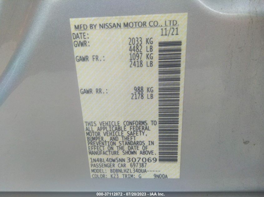 2022 NISSAN ALTIMA 2.5 SV - 1N4BL4DW5NN307069