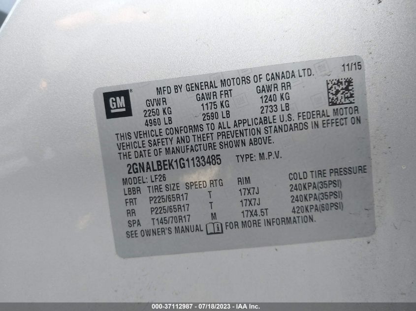 2016 CHEVROLET EQUINOX LTZ - 2GNALDEK1G1133485