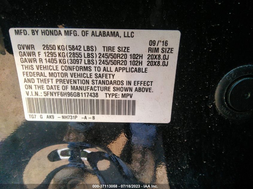 2016 HONDA PILOT TOURING - 5FNYF6H96GB117438