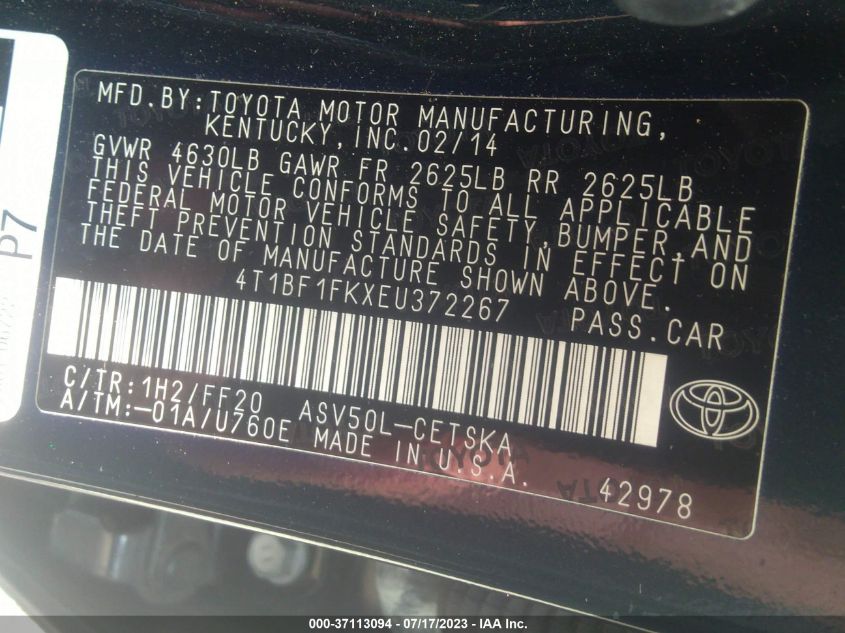 2014 TOYOTA CAMRY L/LE/XLE/SE/SE SPORT - 4T1BF1FKXEU372267