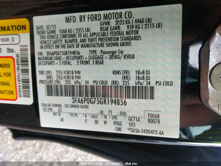 2016 FORD FUSION S - 3FA6P0G75GR194856