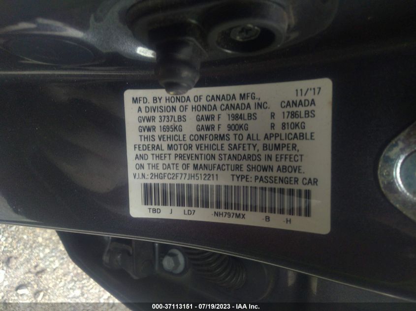 2018 HONDA CIVIC SEDAN EX - 2HGFC2F77JH512211