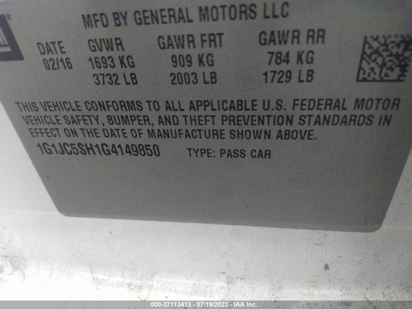 2016 CHEVROLET SONIC LT - 1G1JC5SH1G4149850