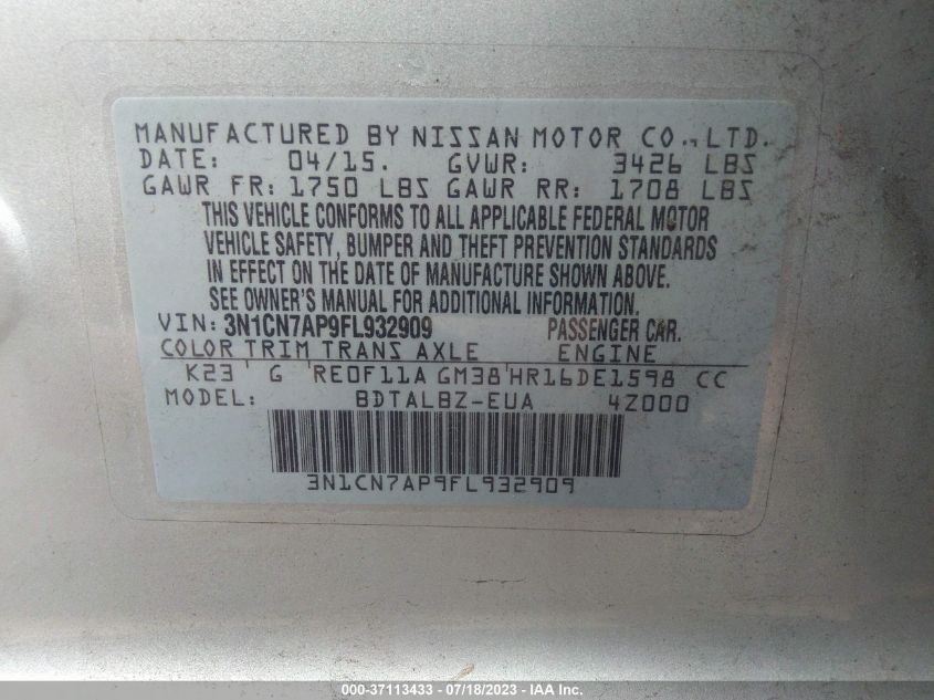 2015 NISSAN VERSA SV - 3N1CN7AP9FL932909