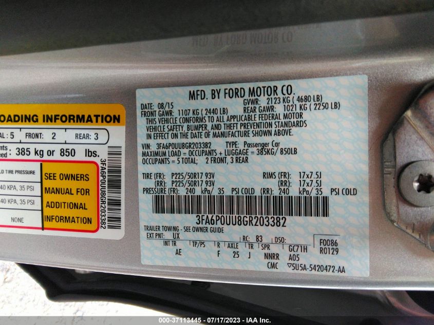 2016 FORD FUSION S HYBRID - 3FA6P0UU8GR203382