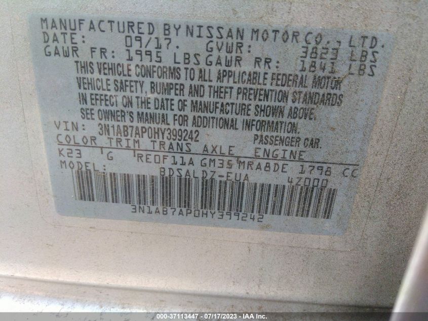2017 NISSAN SENTRA SV - 3N1AB7AP0HY399242