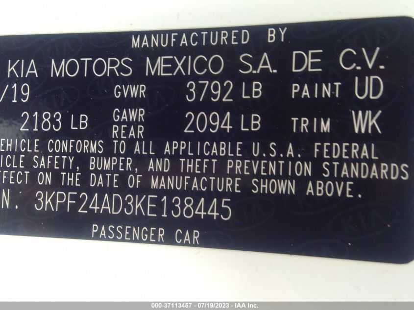 2019 KIA FORTE FE/LX/LXS - 3KPF24AD3KE138445