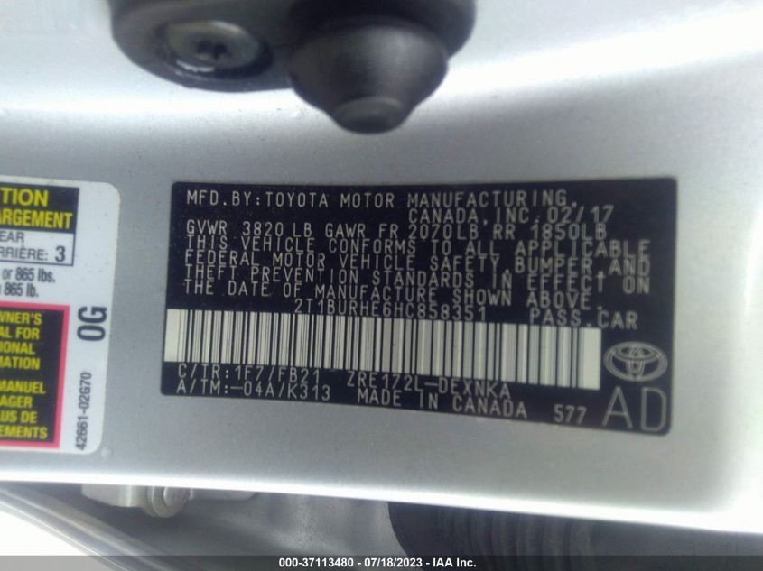 2017 TOYOTA COROLLA L/LE/XLE/SE/XSE - 2T1BURHE6HC858351
